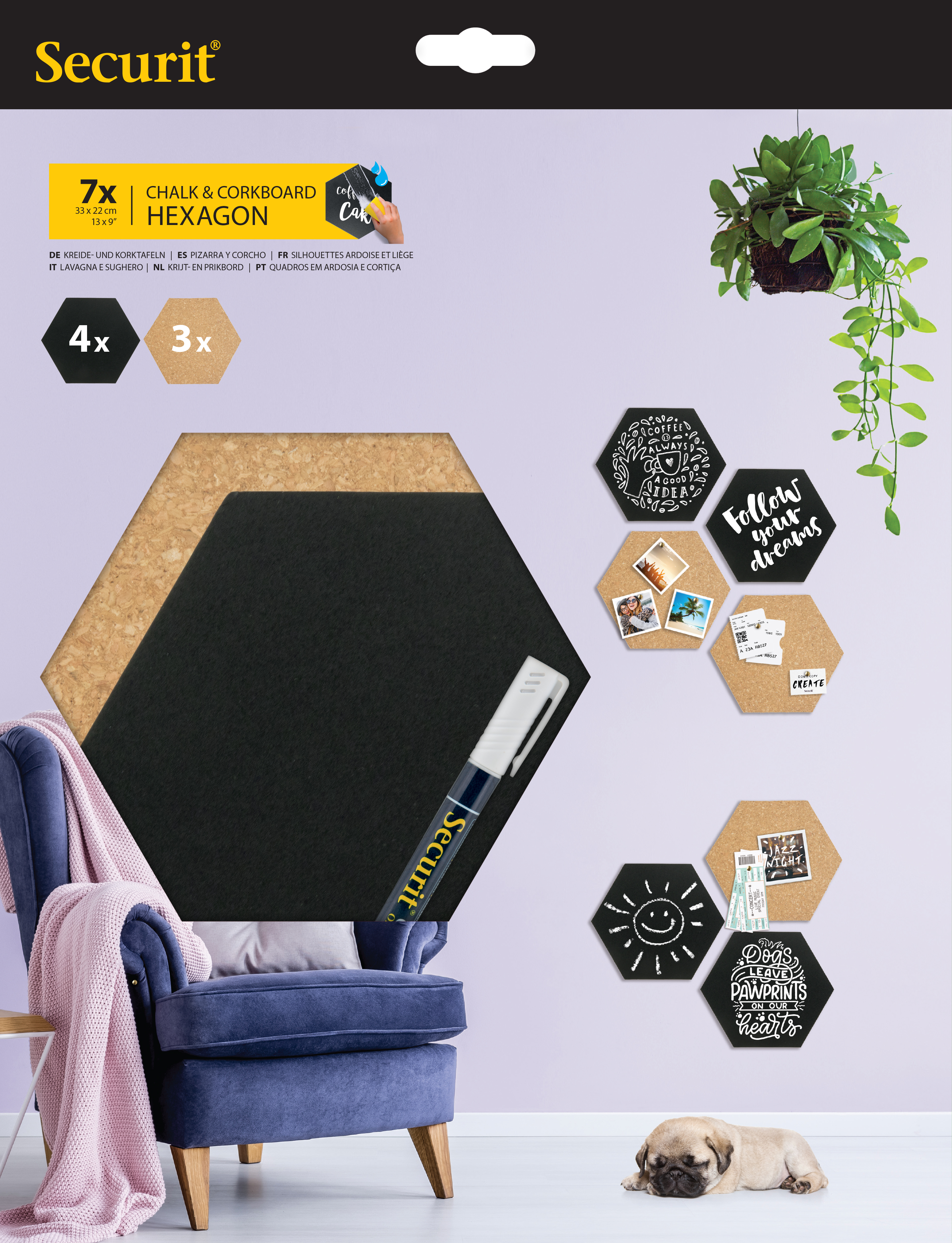 Securit Kreide u. Korktafeln Hexagon | Set bestehend aus 7 Tafeln